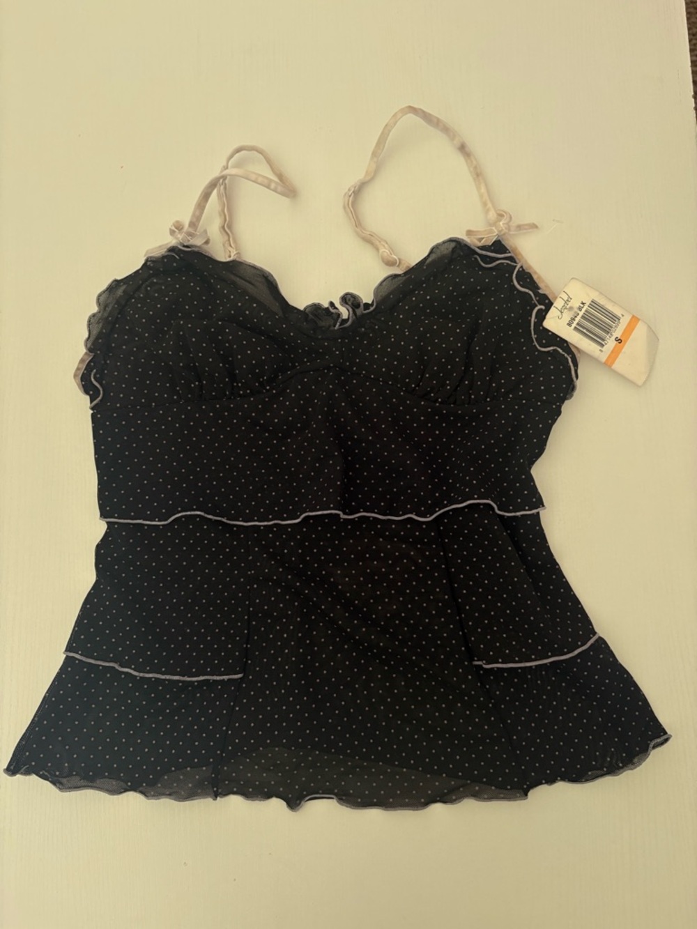 NWT Y2K Black Polka Dot Ruffled Cami with Cream Straps size S